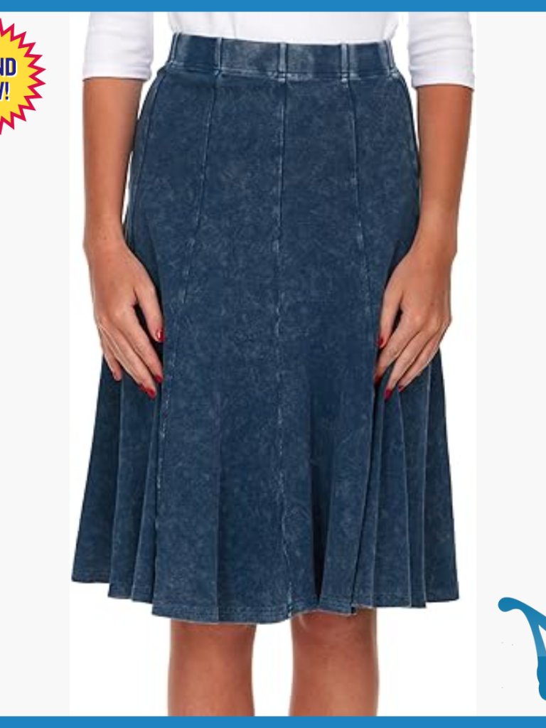 Thin Ribbed Stonewash Denim Midi Skirt With Elastic Waist